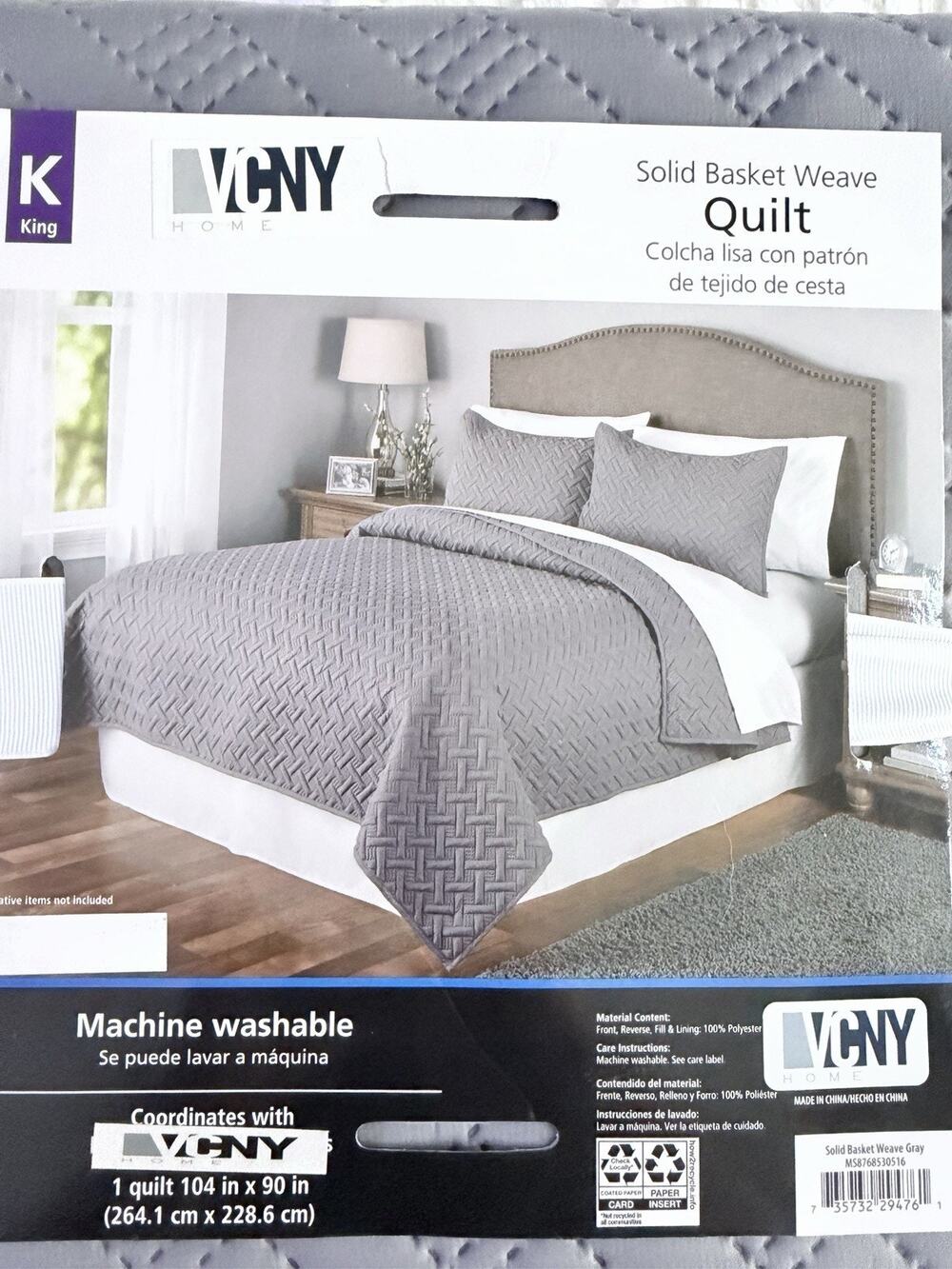 VNCY Home Quilt Set King Size solid Basket Weave In Gray